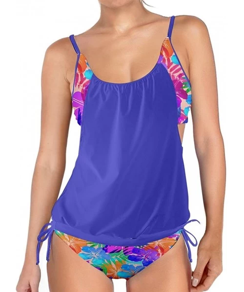 Tankinis Womens Lined Up Tankini Top with Panty Two Pieces Swimsuit Swimwear Set- XS-3XL - Blue Colorful Hawaii - CL183RDA8XL