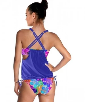 Tankinis Womens Lined Up Tankini Top with Panty Two Pieces Swimsuit Swimwear Set- XS-3XL - Blue Colorful Hawaii - CL183RDA8XL