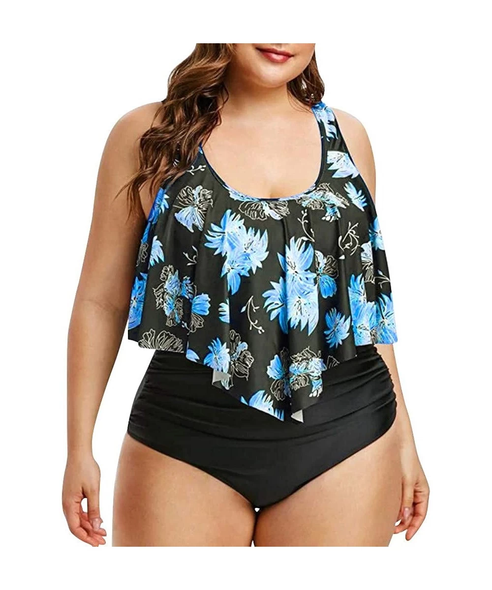 Rash Guards Swimsuits for Women Two Piece Bathing Suits Ruffled Flounce Top with High Waisted Bottom Bikini Set - E-blue - CV...