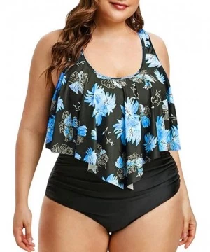 Rash Guards Swimsuits for Women Two Piece Bathing Suits Ruffled Flounce Top with High Waisted Bottom Bikini Set - E-blue - CV...