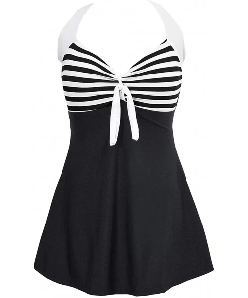 One-Pieces Women's Sexy Halter Neck Stripe Print 1 Piece Swimsuit Mini Swimdress - Black - CF18RLRLICO