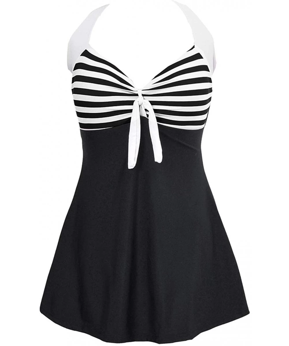 One-Pieces Women's Sexy Halter Neck Stripe Print 1 Piece Swimsuit Mini Swimdress - Black - CF18RLRLICO