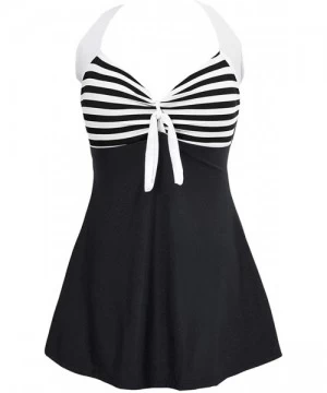 One-Pieces Women's Sexy Halter Neck Stripe Print 1 Piece Swimsuit Mini Swimdress - Black - CF18RLRLICO