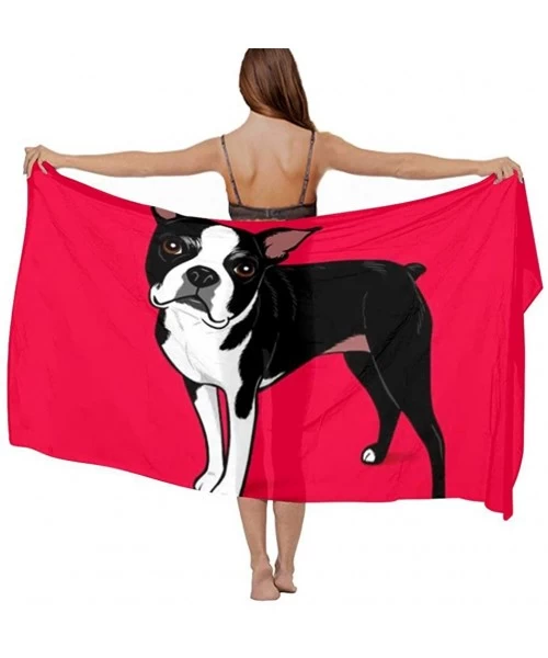 Cover-Ups Women Luxury Chiffon Swimwear Cover Up- Oversize Beach Sarong Shawl Wrap - Boston Terrier Dog Red - CC19C6NROG4