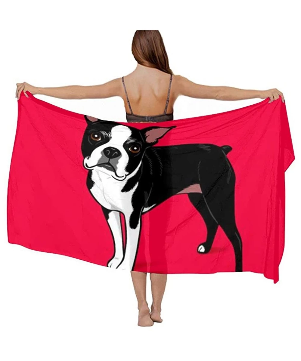 Cover-Ups Women Luxury Chiffon Swimwear Cover Up- Oversize Beach Sarong Shawl Wrap - Boston Terrier Dog Red - CC19C6NROG4