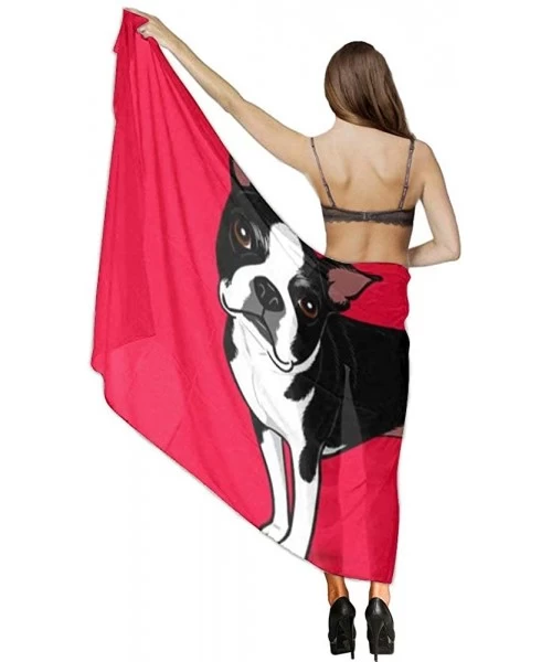 Cover-Ups Women Luxury Chiffon Swimwear Cover Up- Oversize Beach Sarong Shawl Wrap - Boston Terrier Dog Red - CC19C6NROG4