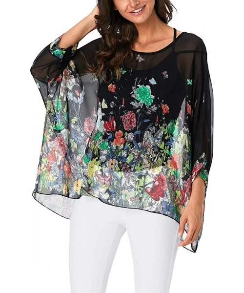 Cover-Ups Women's Chiffon Floral Printed Caftan Poncho Tunic Top Cover up Batwing Loose Blouse - Butterfly Flower - CO18XYL3S79