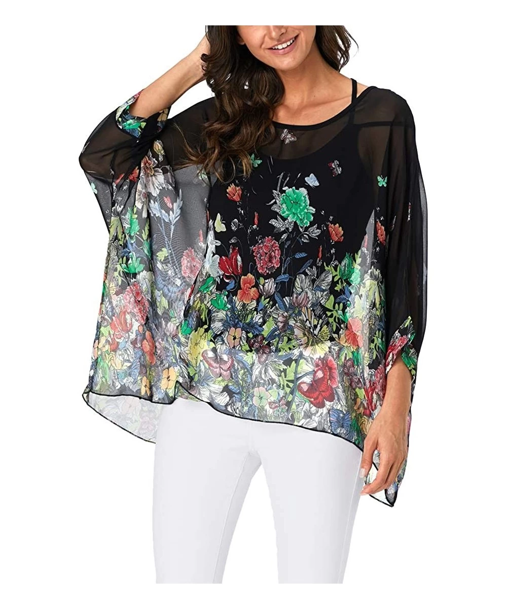 Cover-Ups Women's Chiffon Floral Printed Caftan Poncho Tunic Top Cover up Batwing Loose Blouse - Butterfly Flower - CO18XYL3S79