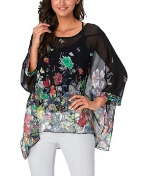 Cover-Ups Women's Chiffon Floral Printed Caftan Poncho Tunic Top Cover up Batwing Loose Blouse - Butterfly Flower - CO18XYL3S79