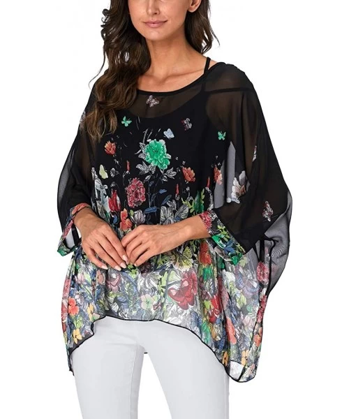 Cover-Ups Women's Chiffon Floral Printed Caftan Poncho Tunic Top Cover up Batwing Loose Blouse - Butterfly Flower - CO18XYL3S79