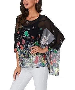 Cover-Ups Women's Chiffon Floral Printed Caftan Poncho Tunic Top Cover up Batwing Loose Blouse - Butterfly Flower - CO18XYL3S79