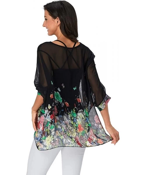 Cover-Ups Women's Chiffon Floral Printed Caftan Poncho Tunic Top Cover up Batwing Loose Blouse - Butterfly Flower - CO18XYL3S79