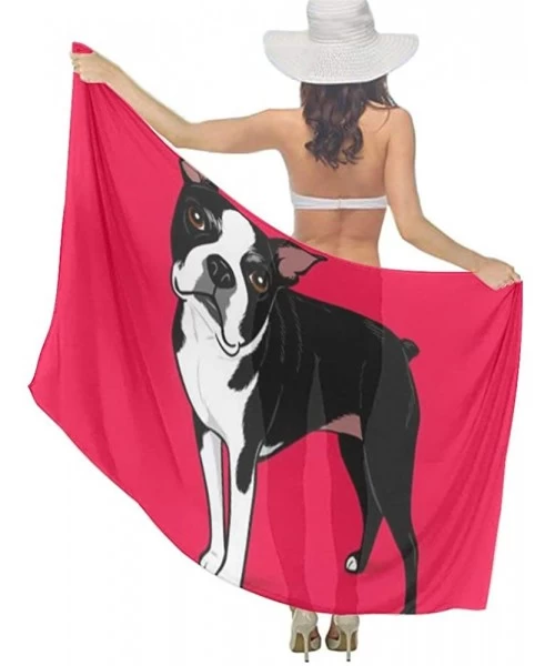 Cover-Ups Women Luxury Chiffon Swimwear Cover Up- Oversize Beach Sarong Shawl Wrap - Boston Terrier Dog Red - CC19C6NROG4