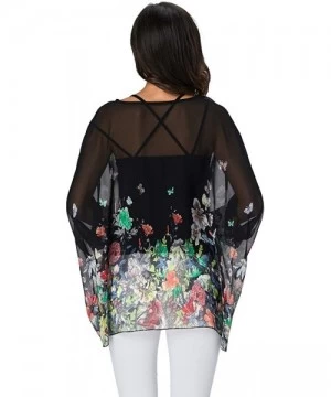 Cover-Ups Women's Chiffon Floral Printed Caftan Poncho Tunic Top Cover up Batwing Loose Blouse - Butterfly Flower - CO18XYL3S79