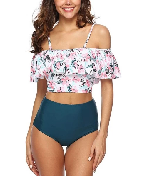 Sets Women Off The Shoulder Ruffle Swimsuit Two Piece Bathing Suits High Waisted Flounce Bikini Set - Tropical - CR18Q8M3LW5