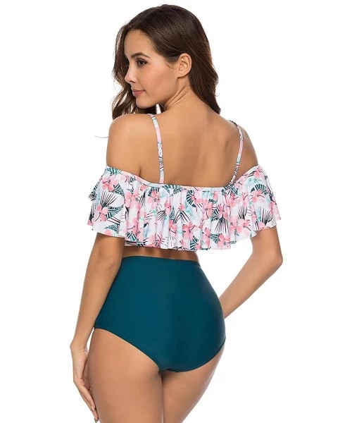 Sets Women Off The Shoulder Ruffle Swimsuit Two Piece Bathing Suits High Waisted Flounce Bikini Set - Tropical - CR18Q8M3LW5