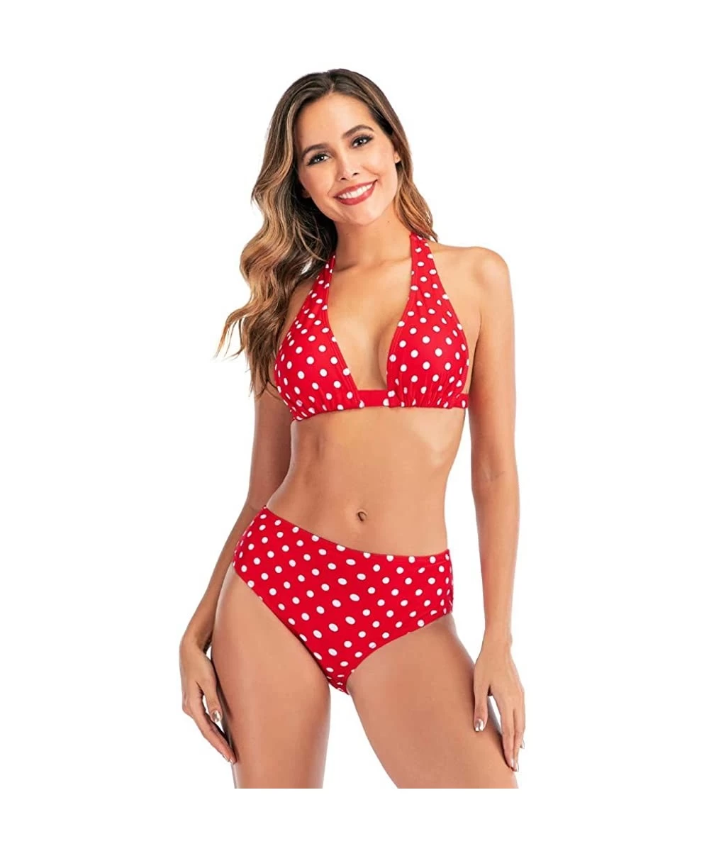 Tops Women High Waist Bikini Push Up Bikinis Print Swimsuit Female Beachwear Swimwear - H-red - CQ1962GARKX