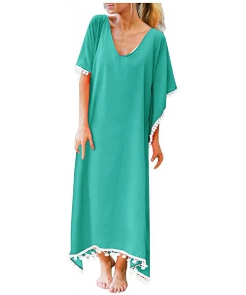 Cover-Ups Women's Summer Beach Solid Pom Pom Trim Loose Long Swimwear Cover Up Cardigan - Green - CZ1905U3XI3