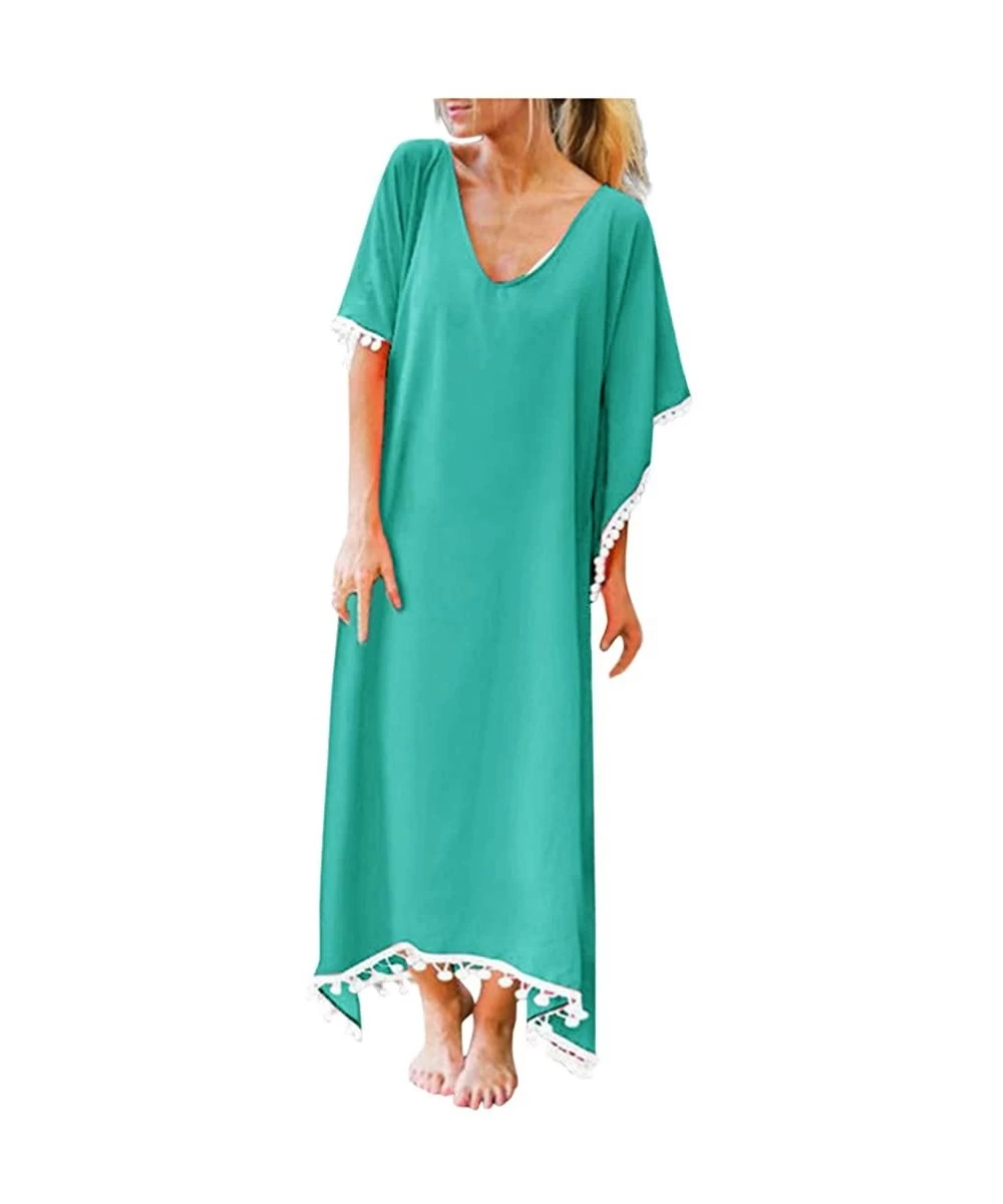 Cover-Ups Women's Summer Beach Solid Pom Pom Trim Loose Long Swimwear Cover Up Cardigan - Green - CZ1905U3XI3