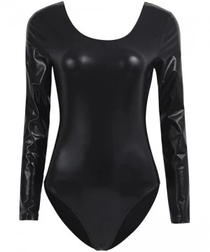 One-Pieces Women's PVC Leather Long Sleeve Bodysuit Scoop Neck Bodycon Leotard Gymnastics Dancewear - Black - CU18SRUHKRS