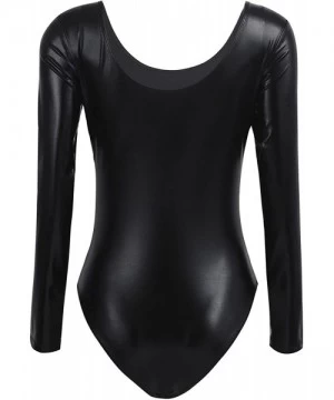 One-Pieces Women's PVC Leather Long Sleeve Bodysuit Scoop Neck Bodycon Leotard Gymnastics Dancewear - Black - CU18SRUHKRS