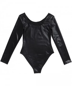 One-Pieces Women's PVC Leather Long Sleeve Bodysuit Scoop Neck Bodycon Leotard Gymnastics Dancewear - Black - CU18SRUHKRS