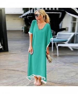 Cover-Ups Women's Summer Beach Solid Pom Pom Trim Loose Long Swimwear Cover Up Cardigan - Green - CZ1905U3XI3