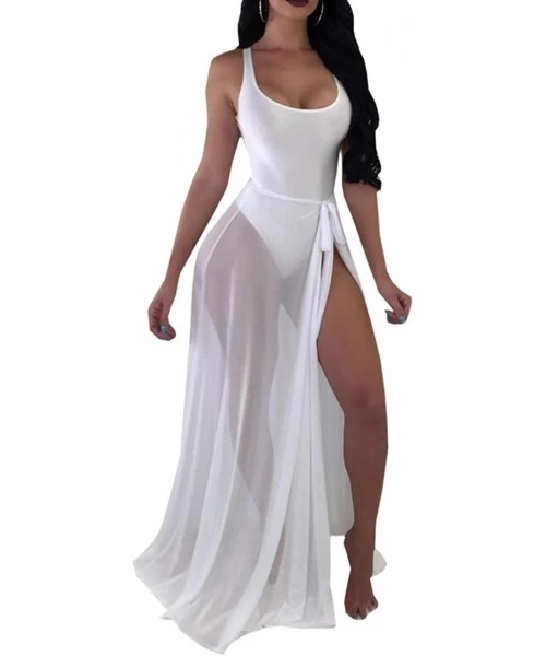 Cover-Ups Women Solid One-Piece/w Tied Cover up Swimwear - White - CJ18G9X39MH