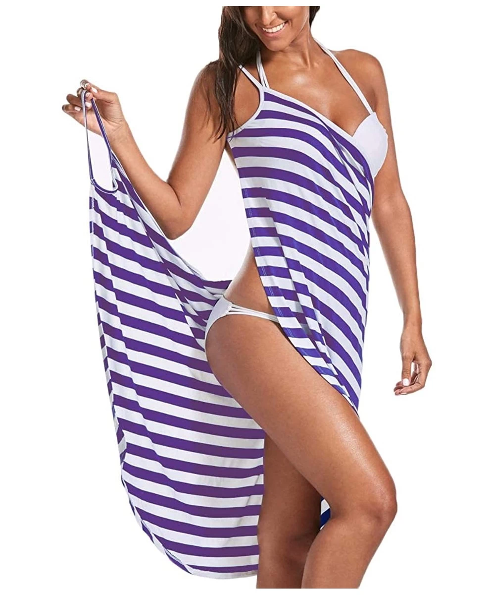 Cover-Ups Womens Striped Spaghetti Strap Cover Up Backless Beach Bikini Wrap Sarong Maxi Dress Swimwear - Purple - CH18Q9MSEAU