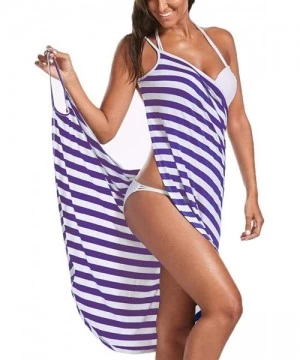 Cover-Ups Womens Striped Spaghetti Strap Cover Up Backless Beach Bikini Wrap Sarong Maxi Dress Swimwear - Purple - CH18Q9MSEAU