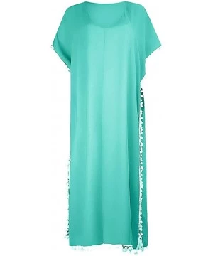 Cover-Ups Women's Summer Beach Solid Pom Pom Trim Loose Long Swimwear Cover Up Cardigan - Green - CZ1905U3XI3