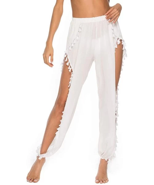 Cover-Ups Women Sexy Sheer Hollow Out Drawstring Knit Long Pants Bikini Swimsuit Cover Up Pants - Chiffon White - CW18XHM5R64