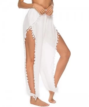 Cover-Ups Women Sexy Sheer Hollow Out Drawstring Knit Long Pants Bikini Swimsuit Cover Up Pants - Chiffon White - CW18XHM5R64