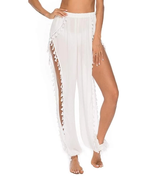 Cover-Ups Women Sexy Sheer Hollow Out Drawstring Knit Long Pants Bikini Swimsuit Cover Up Pants - Chiffon White - CW18XHM5R64