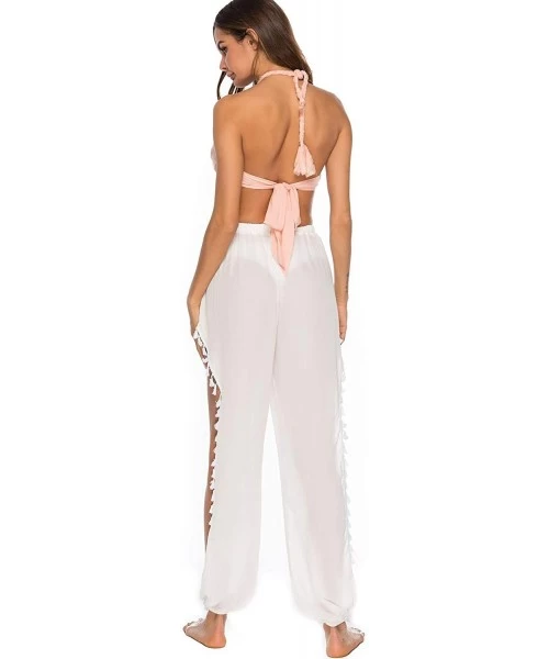 Cover-Ups Women Sexy Sheer Hollow Out Drawstring Knit Long Pants Bikini Swimsuit Cover Up Pants - Chiffon White - CW18XHM5R64