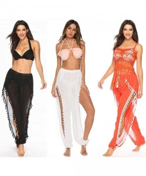 Cover-Ups Women Sexy Sheer Hollow Out Drawstring Knit Long Pants Bikini Swimsuit Cover Up Pants - Chiffon White - CW18XHM5R64