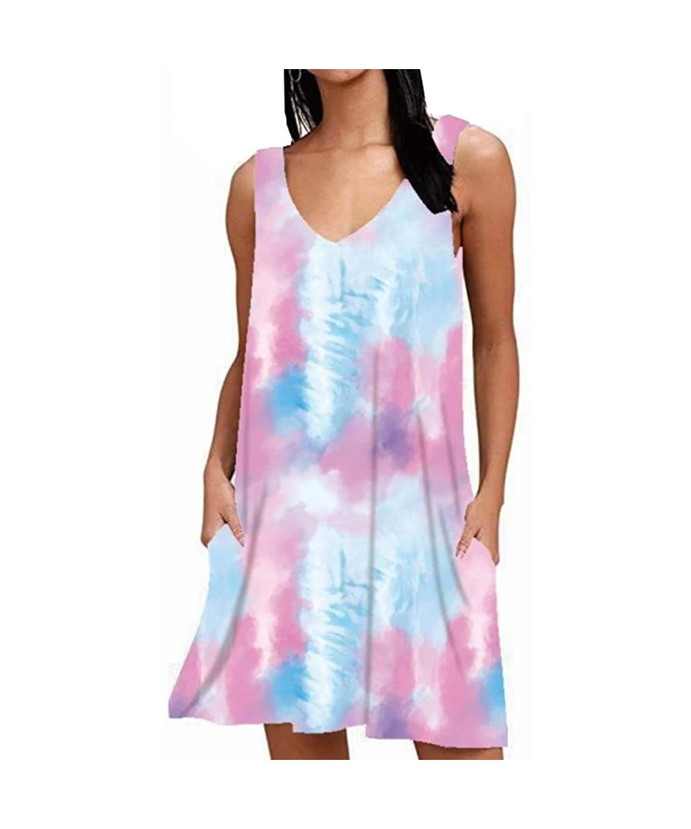 Cover-Ups Women Summer Floral Print Casual T Shirt Dresses Beach Cover Up Plain Pleated Tank Dress - Tie Dye Purple - CE19CGK...