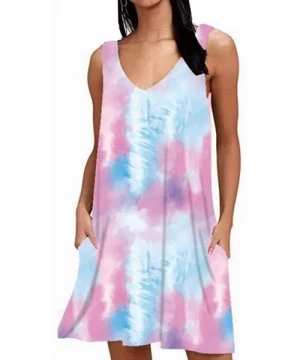 Cover-Ups Women Summer Floral Print Casual T Shirt Dresses Beach Cover Up Plain Pleated Tank Dress - Tie Dye Purple - CE19CGK...