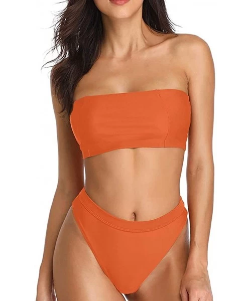 Sets Women's Bandeau High Waisted Sexy High Cut Two Pieces Bikini Swimwear Bathing Suit - Orange - CB18CHCZ9T3