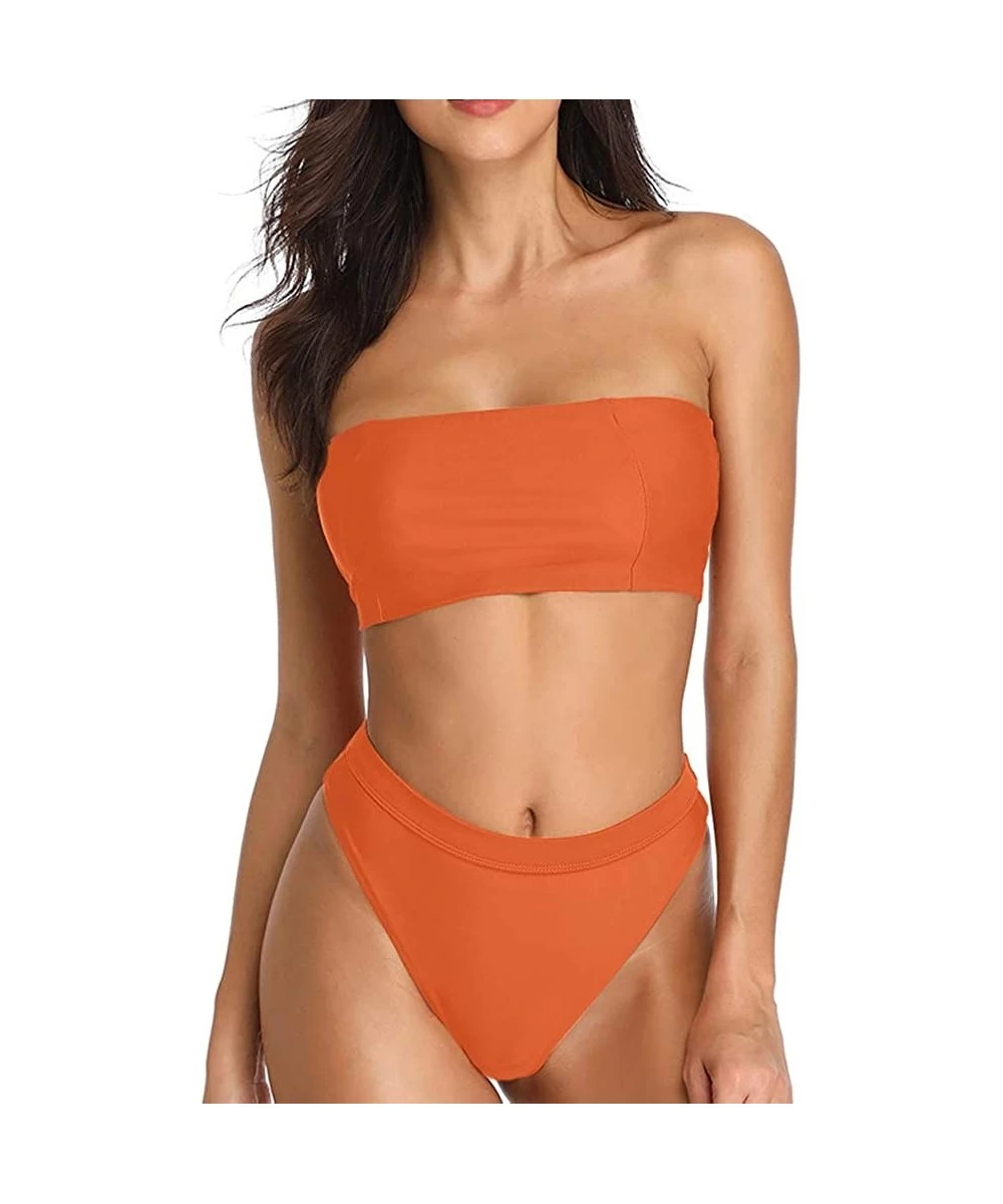 Sets Women's Bandeau High Waisted Sexy High Cut Two Pieces Bikini Swimwear Bathing Suit - Orange - CB18CHCZ9T3