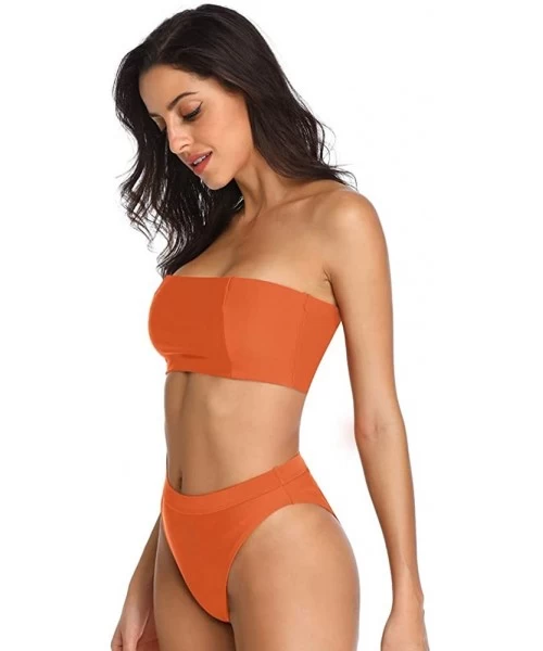 Sets Women's Bandeau High Waisted Sexy High Cut Two Pieces Bikini Swimwear Bathing Suit - Orange - CB18CHCZ9T3