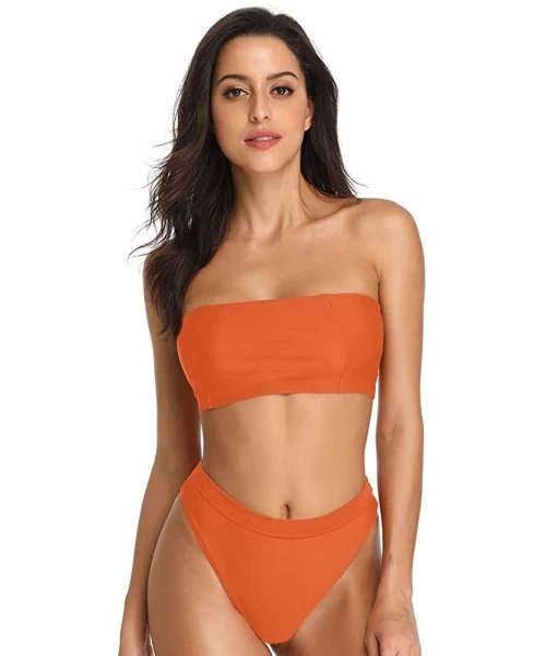 Sets Women's Bandeau High Waisted Sexy High Cut Two Pieces Bikini Swimwear Bathing Suit - Orange - CB18CHCZ9T3