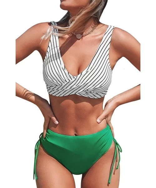 Sets Women's Stripe Green Cinched Lace up Bikini Sets - CL1942GG5UQ