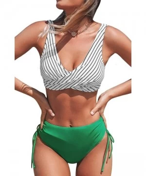 Sets Women's Stripe Green Cinched Lace up Bikini Sets - CL1942GG5UQ