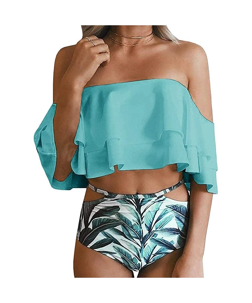 Racing Women's Bikini Ruffle Off Shoulder Top & Floral Shorts Swimsuit Bathing Suit 2pc Sets - Sky Blue - CW18C5AR6QI