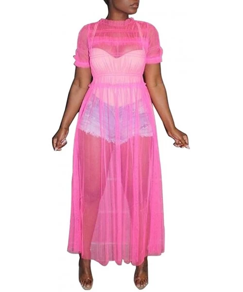 Cover-Ups Womens Sexy Sheer Mesh Ruched Solid Short Sleeve Maxi Dress Cover Up - Fuchsia - CX18T0YR40S