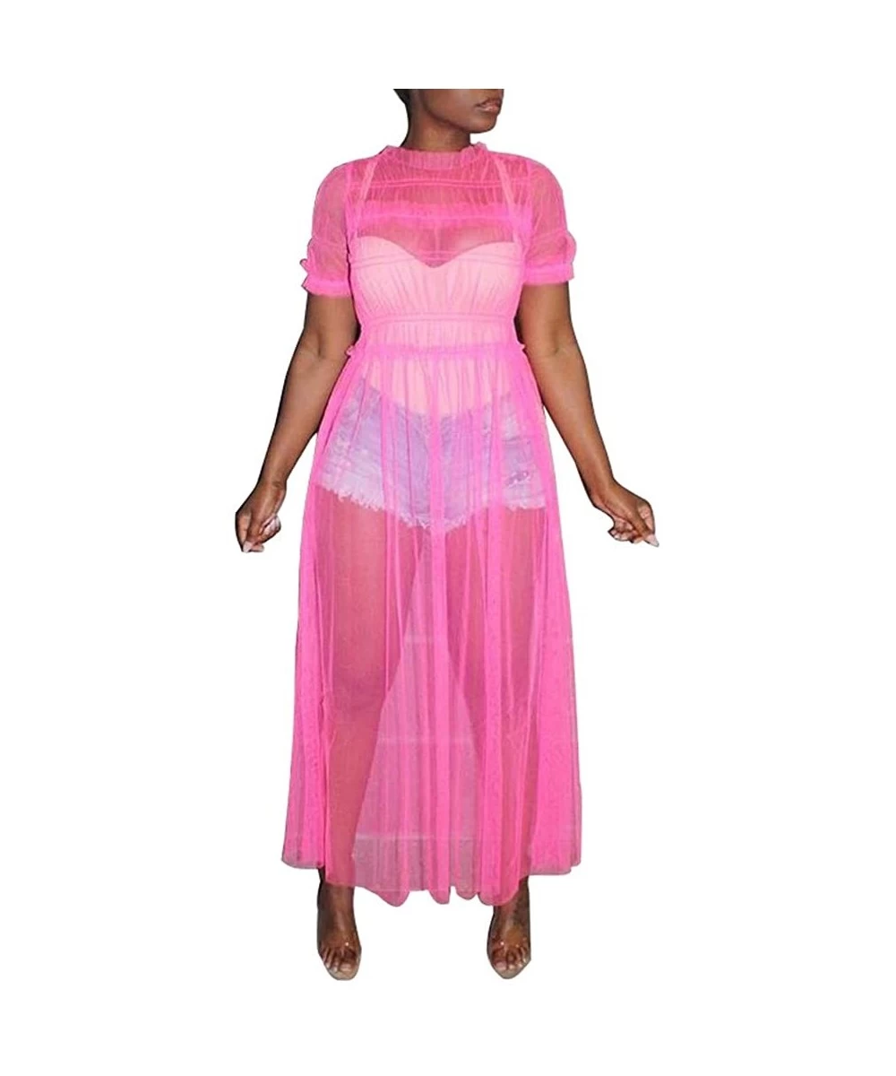 Cover-Ups Womens Sexy Sheer Mesh Ruched Solid Short Sleeve Maxi Dress Cover Up - Fuchsia - CX18T0YR40S