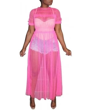 Cover-Ups Womens Sexy Sheer Mesh Ruched Solid Short Sleeve Maxi Dress Cover Up - Fuchsia - CX18T0YR40S