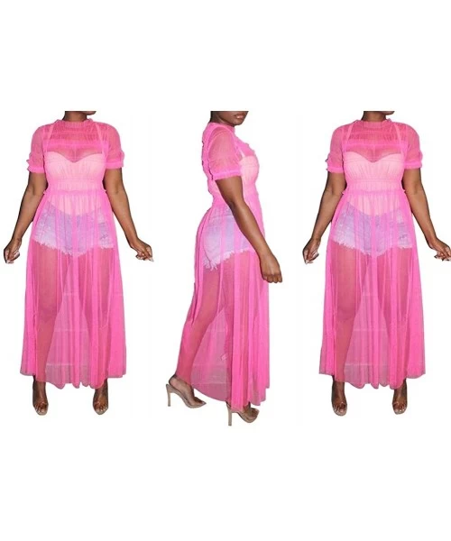 Cover-Ups Womens Sexy Sheer Mesh Ruched Solid Short Sleeve Maxi Dress Cover Up - Fuchsia - CX18T0YR40S