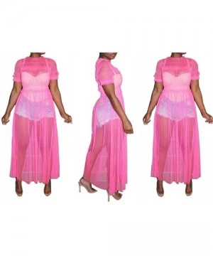 Cover-Ups Womens Sexy Sheer Mesh Ruched Solid Short Sleeve Maxi Dress Cover Up - Fuchsia - CX18T0YR40S